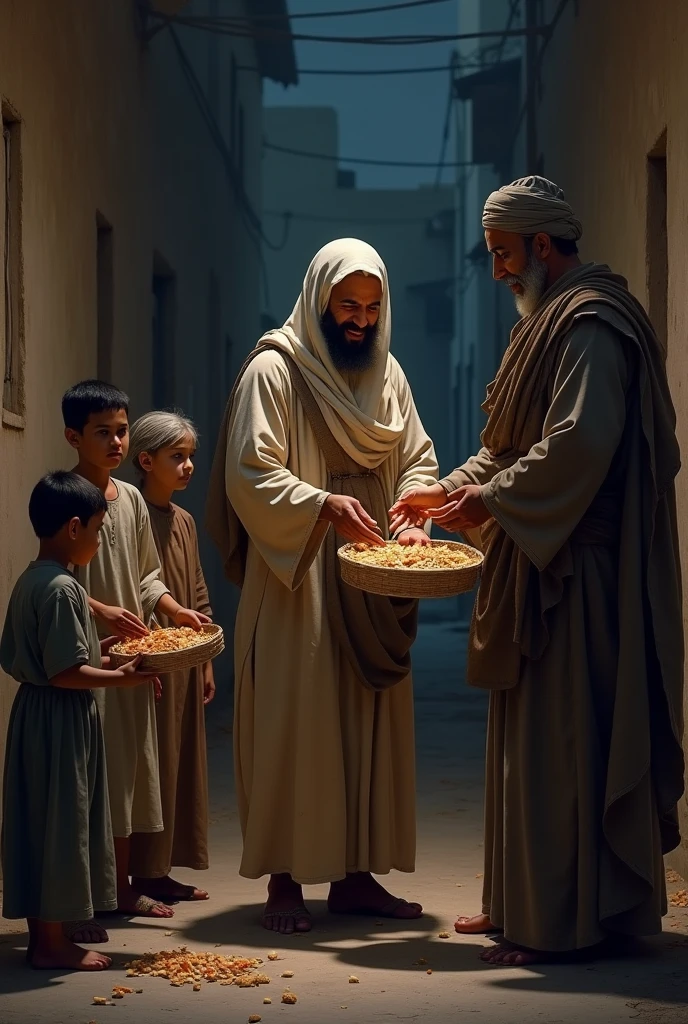 Visual: Umar Bin Khattab gave food to poor children at night, her face is full of compassion, accompanied by a guard
