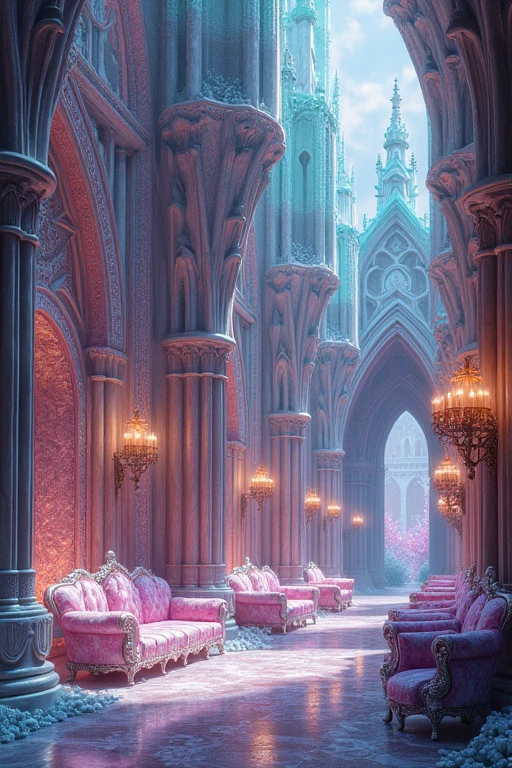 Buildings made of jewels Gothic architecture I want to make it look more like the sparkle of jewels.、Land of the Lustrous、The building is entirely made of jewels. They reflect the light and sparkle, bringing out the transparency of jewels. The interior, living room, sofa, chandelier, mantelpiece, furniture and pillars are all made of jewels.