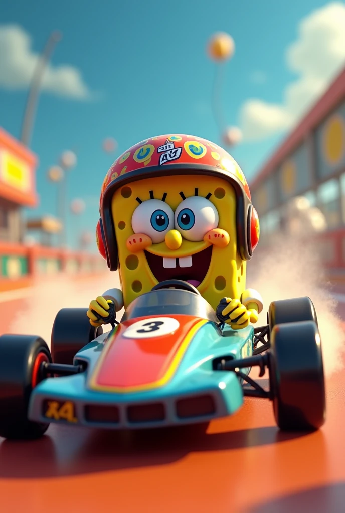 Spongebob with helmet driving a hot wheels 