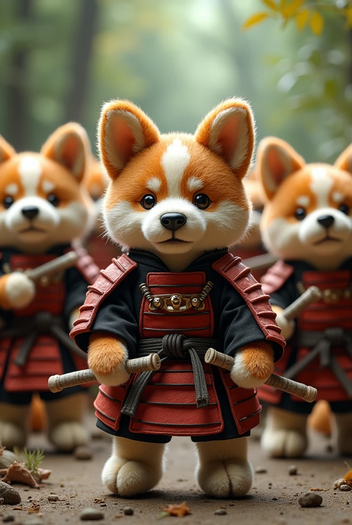 Stuffed toy dog dressed as a samurai Bring along your stuffed animal companions All the stuffed animals are dogs 10 friends is good Weapon is hanger