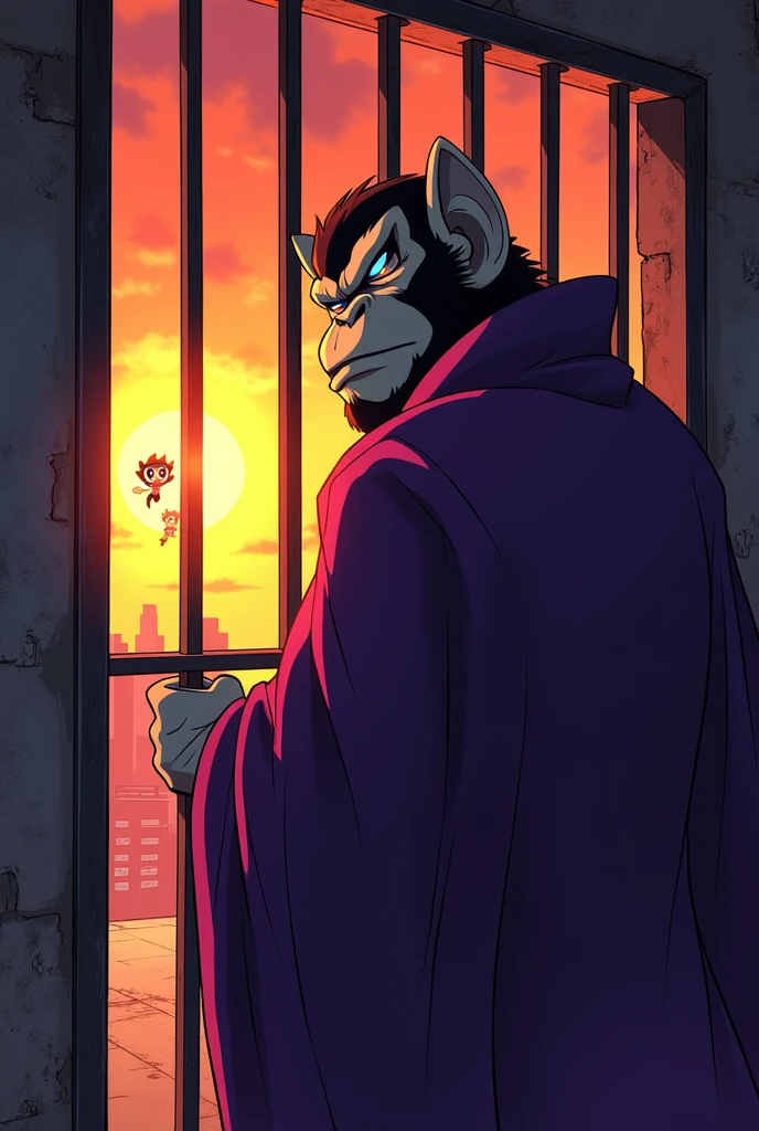 The story ends with an image of Mojo Jojo in jail planning his next revenge as the girls fly away into the sunset Mojo Jojo in anime with purple clothes