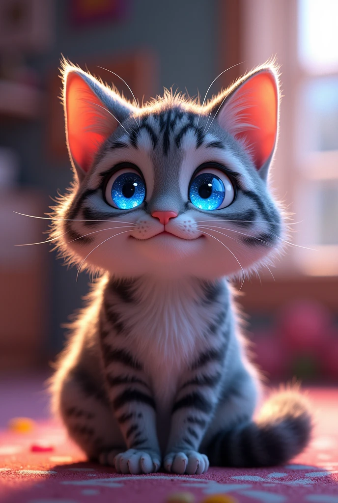 Cat in Pixar style, with celestial viscous eyes, fat gray and white striped cat