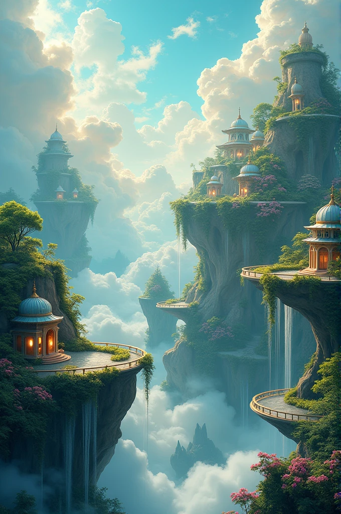 Floating gardens, heaven like environment above the clouds, glamorous shining colors
