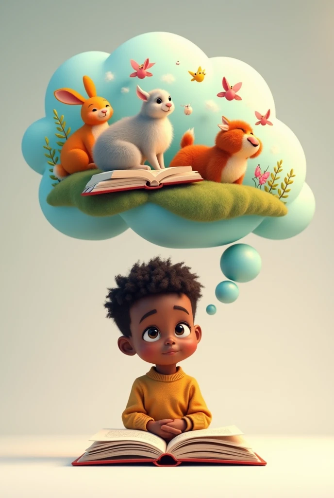 Inattentive black child in front of a book with thought bubble of animals, 3d