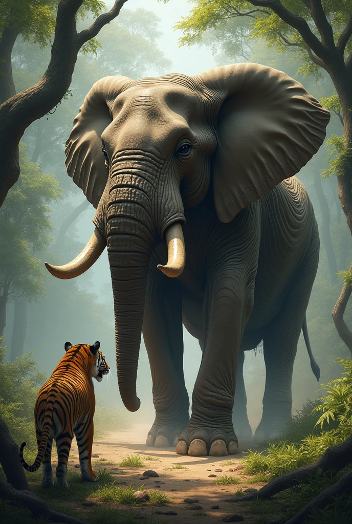 The Elephant Confronting the Tiger: The elephant facing the tiger, with the tiger appearing surprised or frightened as the elephant prepares to kick.