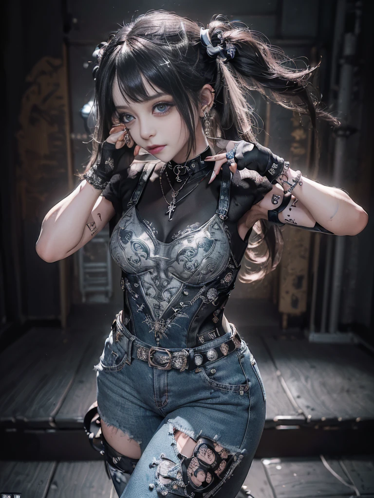 (Full body image:1.2)、(Side view:1.1)、(Smiling with teeth showing:1.3),(Shibuya Gal:1.5)、(Gothic Fashion:1.5)、(Punk Rock Visual Kei:1.5)、(Wearing a rhythmic gymnastics bodysuit with intricate details:1.4)、(Elaborately decorated white racing suit and pants, Denim and Charcoal:1.5)、(Denim and light blue and white boots:1.3)、((belt))、(There are many subtle logos on the whole outfit.々:1.4)、(collar:1.3)、(Underwear decorated with silver jewelry:1.5)、20-year-old、Browsing Caution、((Highest quality、In 8K、masterpiece:1.3))、Sharp focus:1.2、(Layered Cut、Huge boobs:1.1),Beautiful woman with perfect figure:1.4、(She poses as a glamour model..:1.3)、Slim Abs:1.2、Highly detailed face and skin texture、Detailed eyes、double eyelid,(Twin tails:1.3)、(Black brown hair:1.3)、idol carving、(The background is the stage for a fashion show:1.3)、(the body is slim:1.3),(Slimming your legs:1.4),(clavicle:1.1)、(Thin and slim thighs:1.3)