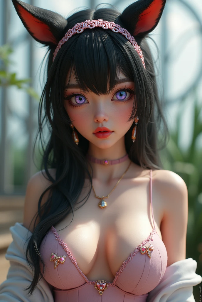 1girl hyper realistic, High Resolution, Breasts bigBangs, Fake Animal Ears, Blush, Open Mouth, Blue eyes, Closed Mouth, Red Eyes, Purple Eyes, Closed Eyes, Hair Ornament, Hairband, Depth Of Field, 8K Octane, Minimalism, 3D Rendering,