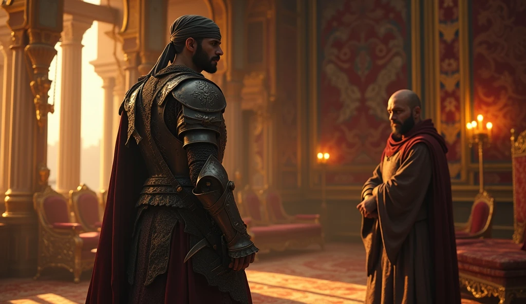 Thariq bin Ziyad, the handsome Islamic warrior with a thin beard and a turban, enters a lavish royal chamber, fully armored and ready for battle. His curved sword is sheathed at his side, and his iron armor gleams in the torchlight. King Roderick, dressed in traditional royal attire, watches from across the room, his face pale with fear. The background is adorned with rich tapestries and golden decor, creating a stark contrast between the warrior and the king. The scene is captured in an ultra-realistic, cinematic style with epic color grading."
