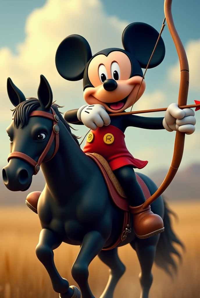 Mickey mouse with bow and arrow on a black horse