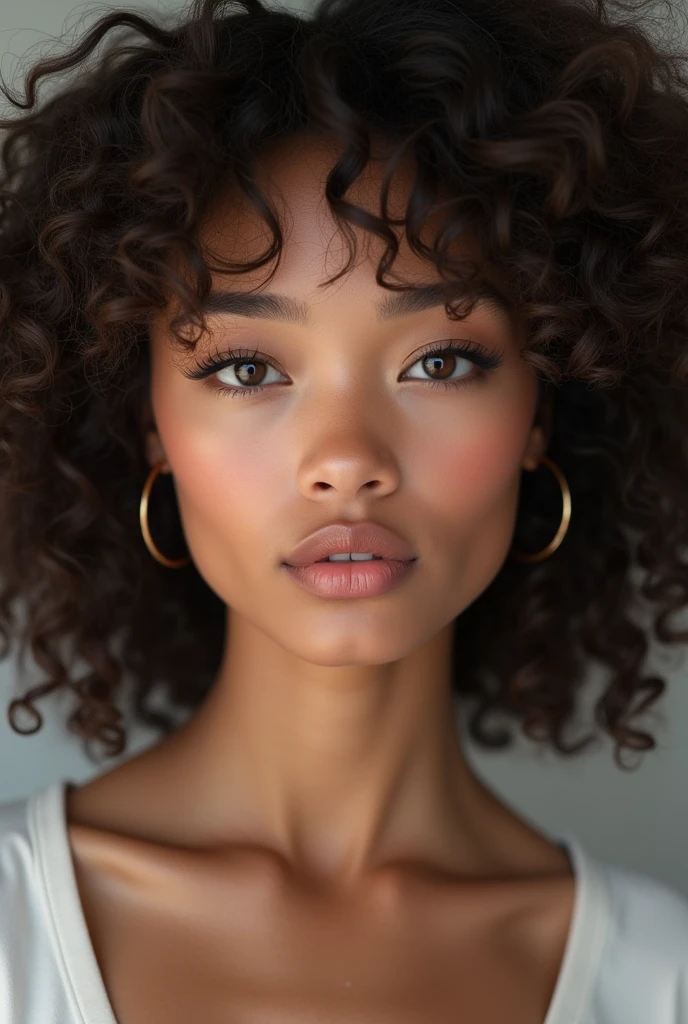 ((Hyper-realistic)) ((hyperdetailed)) high quality image of a Blasian girl with beautiful (( expressive brown eyes)) ((thai features)) ((slim face)) cute mouth ((attractive lips)) curly hair, ((lifelike skin texture)) ((thick eyebrows)) wearing a white trendy top ((brown skin)) ((detailed skin)) ((hyperrealistic)), asian, Blasian, 20 yo adorable female, Blasian, Fujifilm, XT3 grain, selfie, UHD, high quality, A masterpiece, best quality, 8k