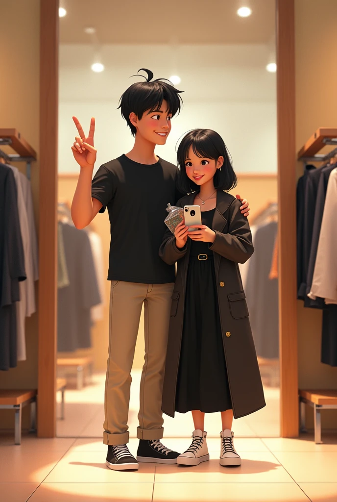 Pixar-like couple in a clothing store in front of a mirror, The man is taller than the woman, He has black hair and makes the love and peace symbol with his hand., has black handle, white t-shirt and beige pants. The woman takes the photo with the cell phone she has in her hand, Apple brand, You wore black, long dress and long coat, white high top tennis shoes, She has shoulder-length black hair and is carrying a bottle of water in her other hand.