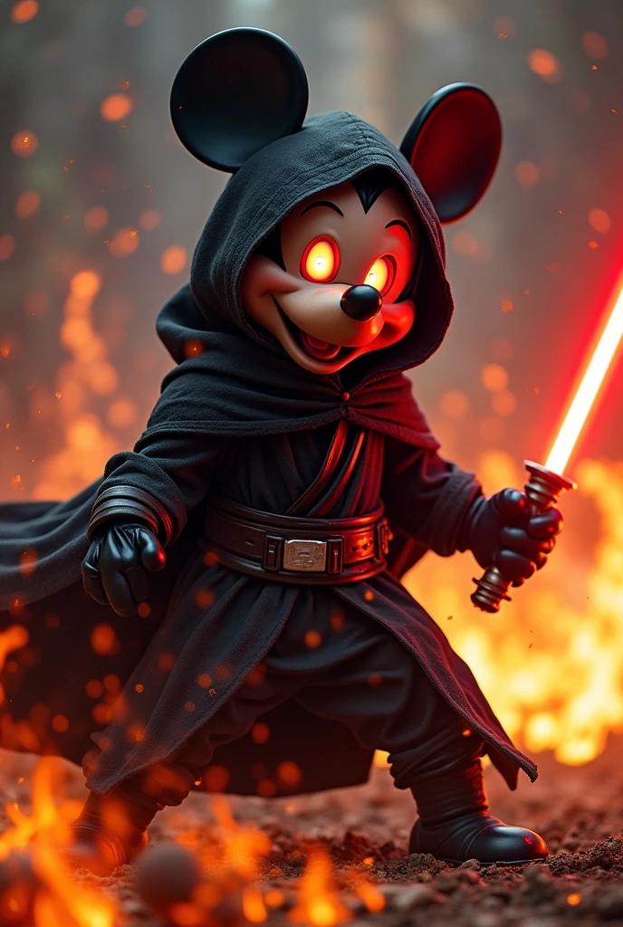 A dark fantasy character mickey mouse, dressed in a black, flowing Sith robe of star wars with intricate detailing. The mouse's large, round ears stick out slightly from beneath the hood, and its eyes glow a menacing, fiery red. The character wields a red lightsaber, the blade casting an ominous glow on its black gloves and robe. The mouse stands in a powerful pose, surrounded by swirling dark energy, in a shadowy, cosmic environment with distant stars faintly visible and lots of his dark friend of Disneyland stand behind mickey mouse, All of them having the illuminated red eyes.The atmosphere is filled with tension, as if the character is preparing for an epic battle.