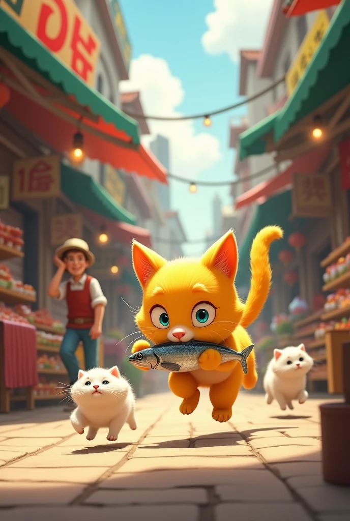 cute yellow cat is stoling a fish from shop and run away behind shopkeeper chasing him street market people and that fish gave to his white kittens to eat