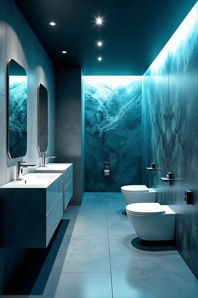 Design a men's room with cool colors and images on the interior wall