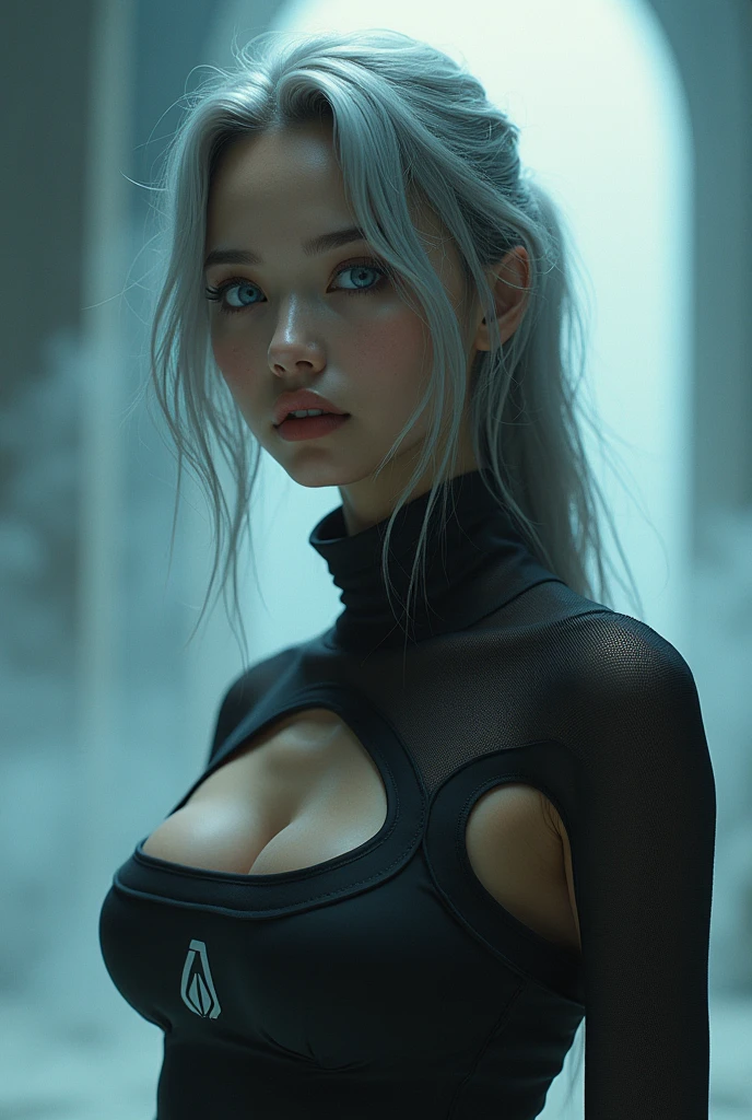 (nsfw:1.3), masterpiece, Best Quality, hyper Realistic, A mysterious and sophisticated beautiful young gravure Japanese woman with blue eyes wears futuristic and sexy fashion art. back shot, focus ass, from below, Detailed clothing, woman is climbing at a wide angle, with her full body in frame. (huge Round and Plump Muscular buttocs), Sensual curve, sexy oily skin, sexy large breasts, slim waist, /// A sporty and modern outfit featuring a cropped top with a subtle black logo "AGPI", designed to accentuate the body’s contours. The top is paired with (fish net mesh) overlay that adds a stylish, athletic vibe. The cropped length of both tops creates a layered look. abs, urban aesthetic. /// The wear hugs her body tightly, accentuating her curves and digging sensuously into her skin, hyper small head and face, wide and big Duck mouth, half open mouth, perfectly aligned teeth, perfect beautiful wide teeth, Detailed eyes, light blue eyes, half open eyes, shiny Droopy eyes, gray hair, looking other, She is situated within the interior of a futuristic colony, with mist drifting and steam rising from concrete