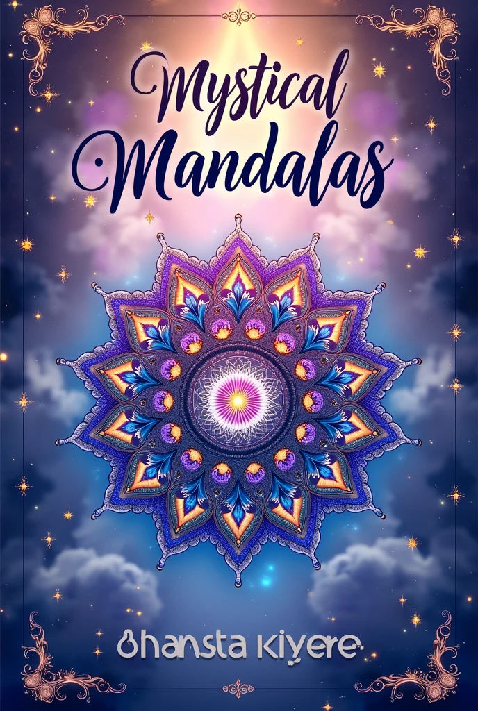 "Create a cover for a coloring book titled 'Mistycal Mandalas Coloring Book'. The cover should feature a complex and detailed mandala in the center, with a mystical color palette that includes shades of purple, blue and gold. The title should be at the top in a stylish font., and the background should have a soft pattern of ethereal elements, like stars or mist. Add small glittering details around the mandala for a magical touch. Include a line at the bottom of the cover for the author's name."