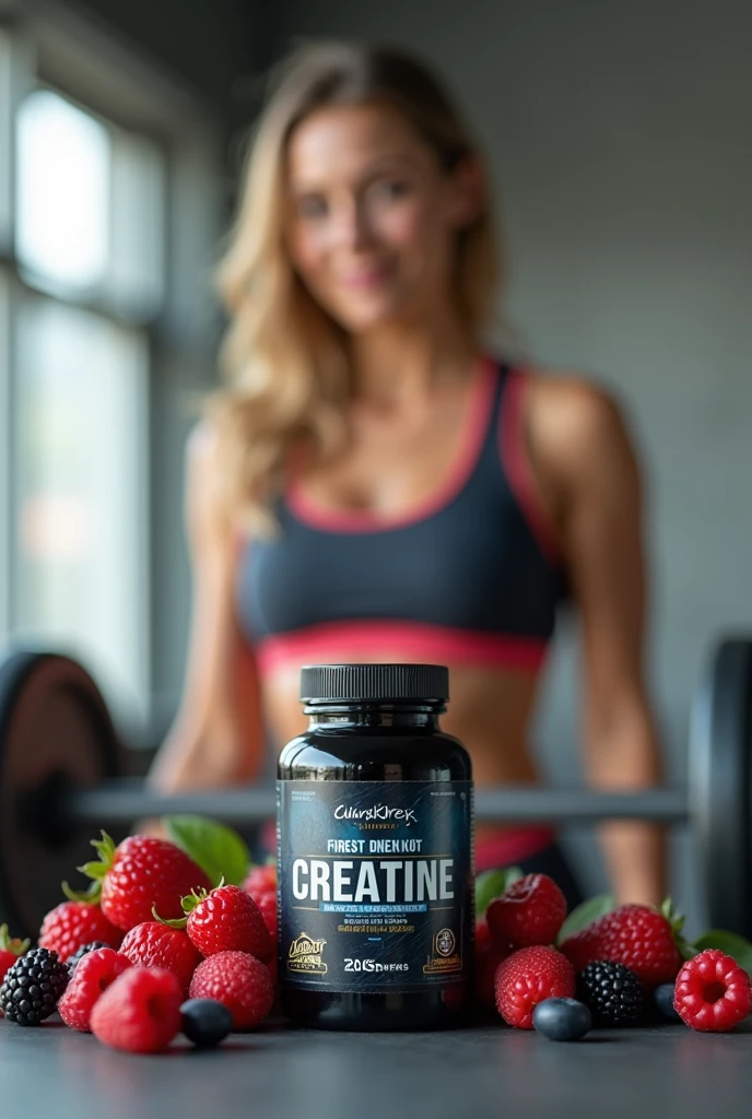 small creatine jar on top of gym equipment with berries behind the jar, with a woman in gym equipment with a blurred background
