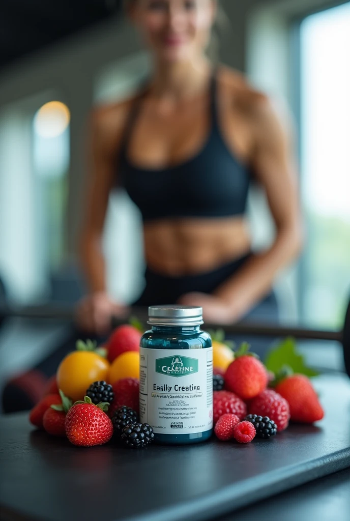 small creatine jar on top of gym equipment with berries behind the jar, with a woman in gym equipment with a blurred background