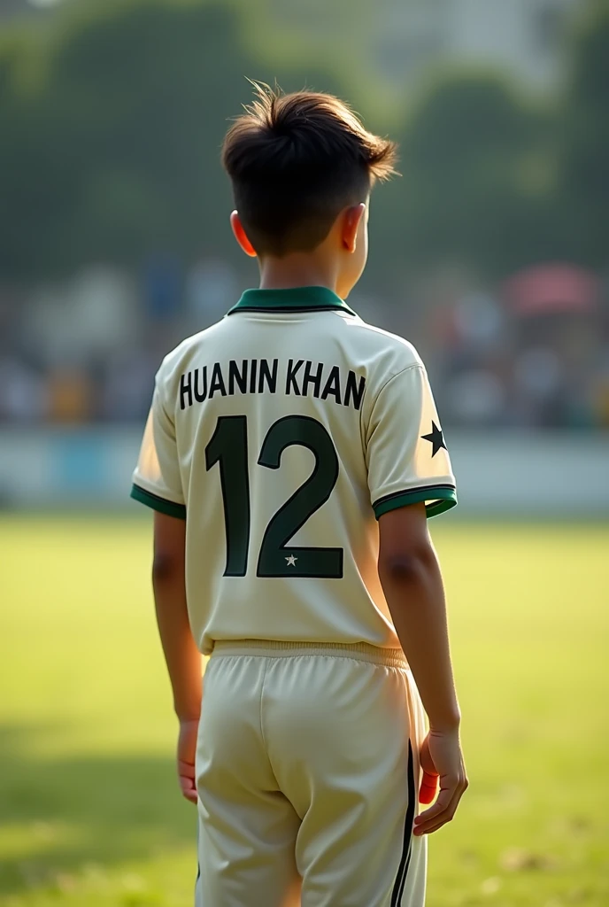A boy wear Jersey name huanin khan and number 12in back for cricket