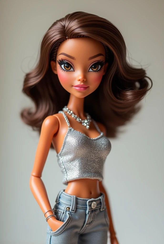 Create a white skin bratz doll, medium sized brown hair, Brown eyes dressed in a silver top and wide pants that match her clothes and makeup, Give her accessories that make her dazzle, a thin but cute necklace