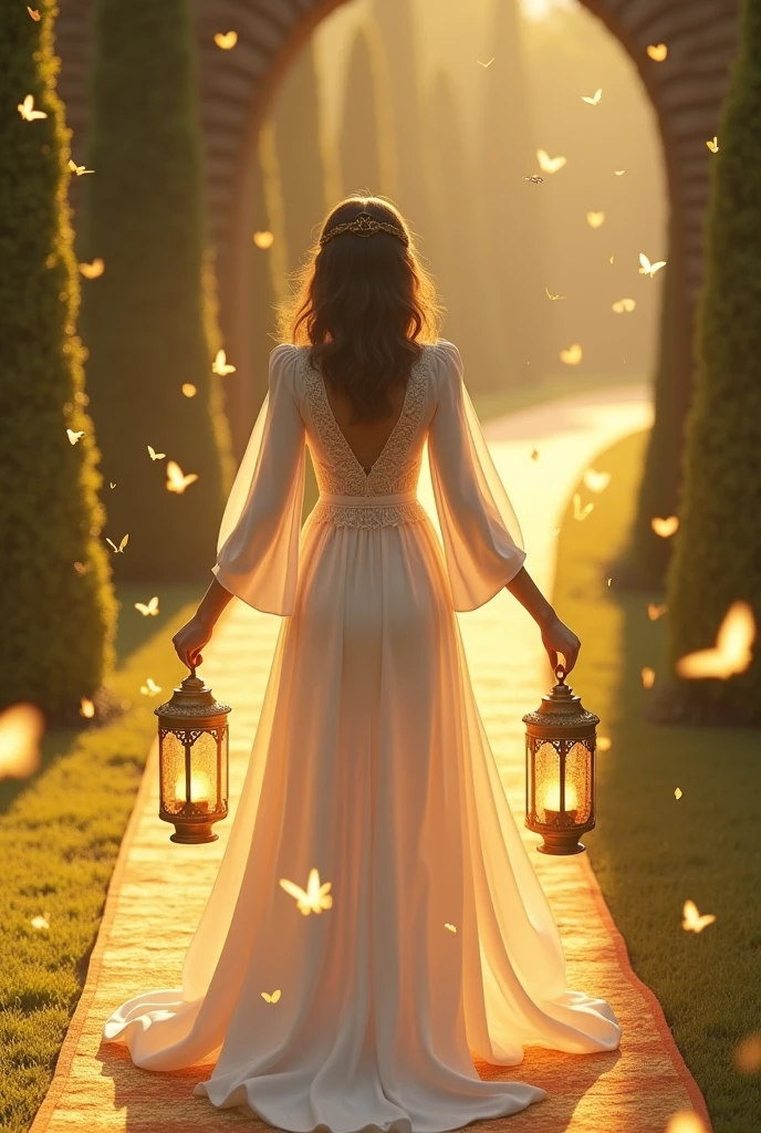 accompanying VVIP on a carpeted path wearing a white serb dress like a princess surrounded by butterflies of yellow lights while carrying lanterns
