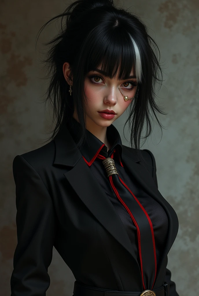 A killer girl, I wore black clothes with some red stripes like a suit and a black tie with gold details and my skin was almost brown, unruly black hair with a white streak in the tight, center-parted bangs and brown eyes with a piercing in my left eyebrow and I wore leather gloves with an intimidating, indifferent posture