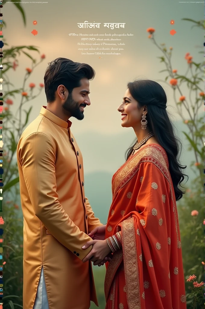 Give me a photo where a lover couple holdings their hand in Bengali culture.. the girl wear sari and the boy wearing Punjabi.. in the background there will be a Bengali poem written 