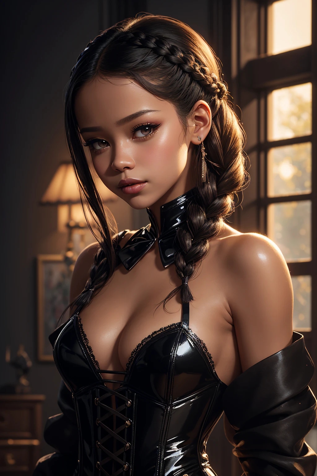 portrait Jenna Ortega, wearing beauty latex corset french maid outfit, At home, 9 0 3 0 s, braids hair, intricate, elegant, highly detailed, digital painting, artstation, concept art, smooth, sharp focus, illustration, art by thomas kindkade, charlie bowater, artgerm, greg rutkowski, alphonse mucha and alexandra fomina, 36k, glittering, shining