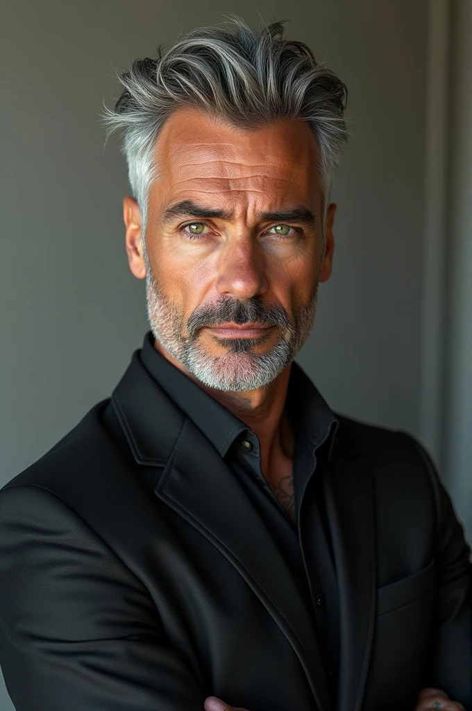 Best quality, expressive eyes, detailed. Man in his forties with gray hair and green eyes, wearing designer clothes, prescription glasses, with tattoos all over his body.