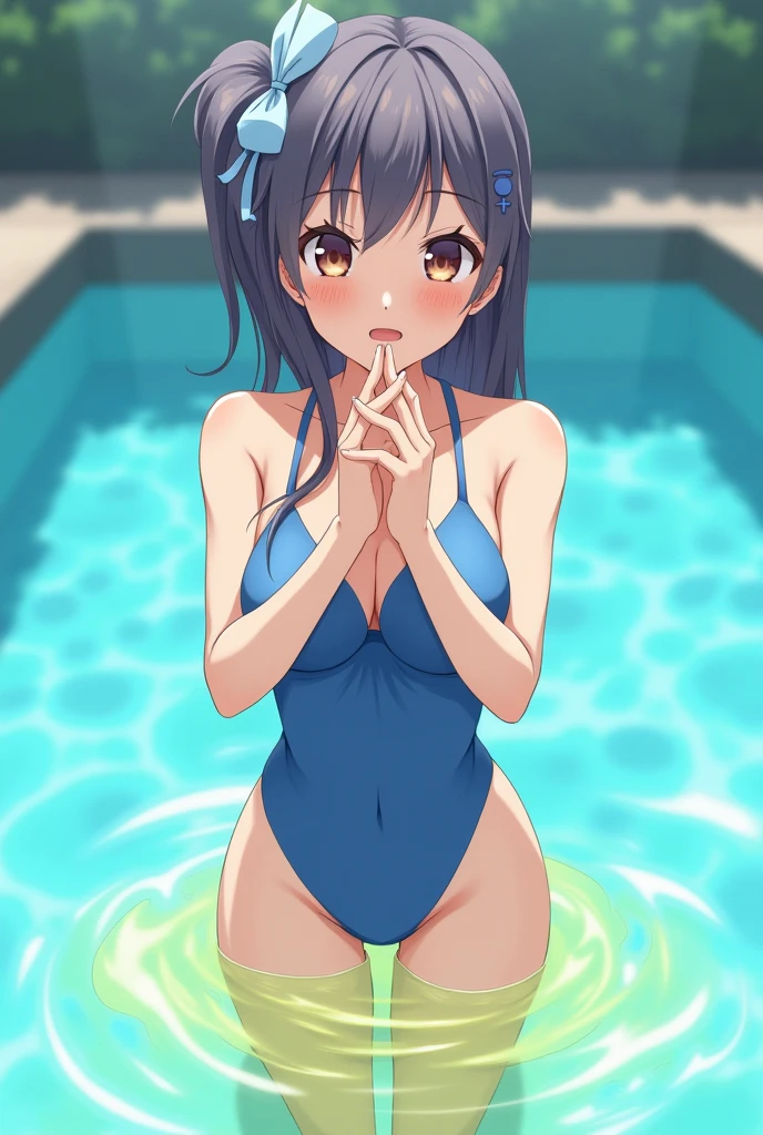 Anime girl, girl in the pool, girl in a blue swimsuit, pissing, pissing herself, pissing bright yellow urine, bright yellow urine gets into the pool, bright yellow urine dissolves in the pool