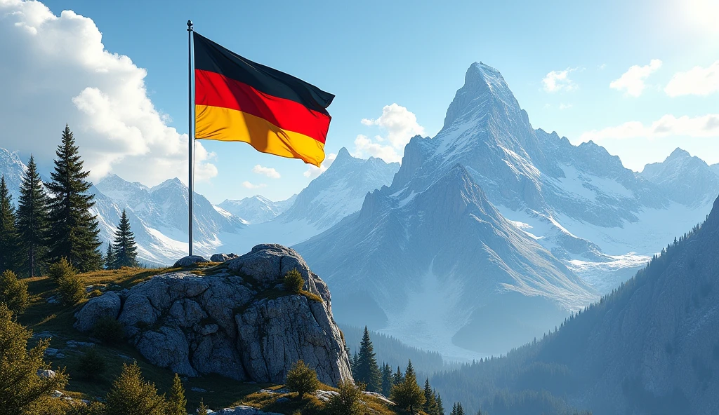 The flag of Germany is flying on top of a mountain.