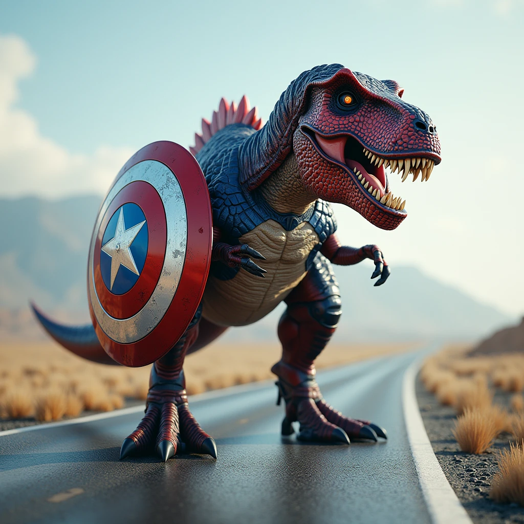 Create a realistic image, on the long road, a T rex with captain America's body is made up of captain America's iconic composed of elements, T rex looks terrible ,image will be cool and shiny. 