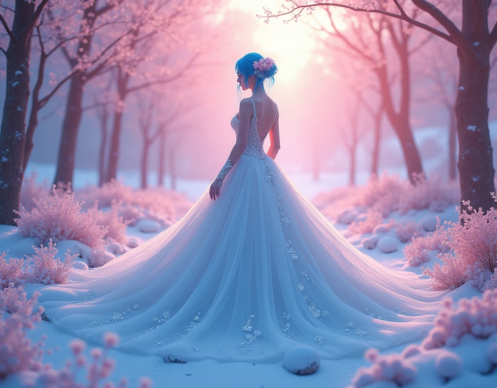 ชุดแต่งงานเซ็กซี่สวยงามของญี่ปุ่น, ยิงมุมสูงเต็มตัว, ผมสีฟ้า、(สีเรืองแสง:1.4)、(โปร่งแสง:1.4)、(ตัวกรองย้อนยุค:1.4)、(แฟนตาซี:1.4)、Candy world Disney แฟนตาซี fluffy soft scenery forest snow avatar pink sky green blue glow dreamy lights soft soft glow rainbow stars diamond glitter gem background surreal ultra hd movie lighting huge details full hd full light、
