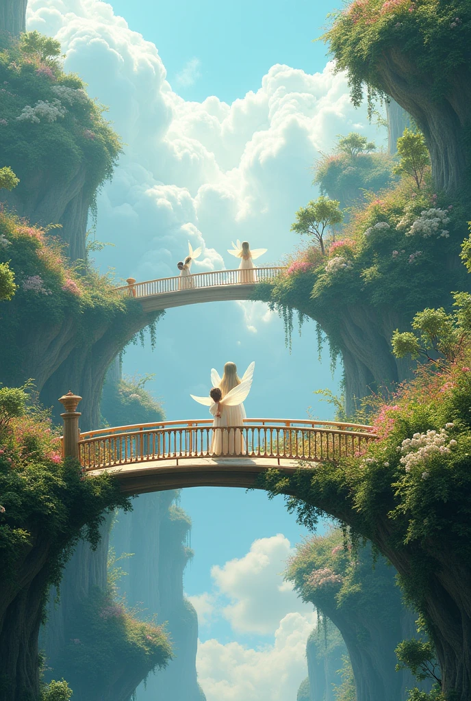 Floating gardens, bridge connected to every gardens,heaven like environment above the clouds, glamorous shining colors