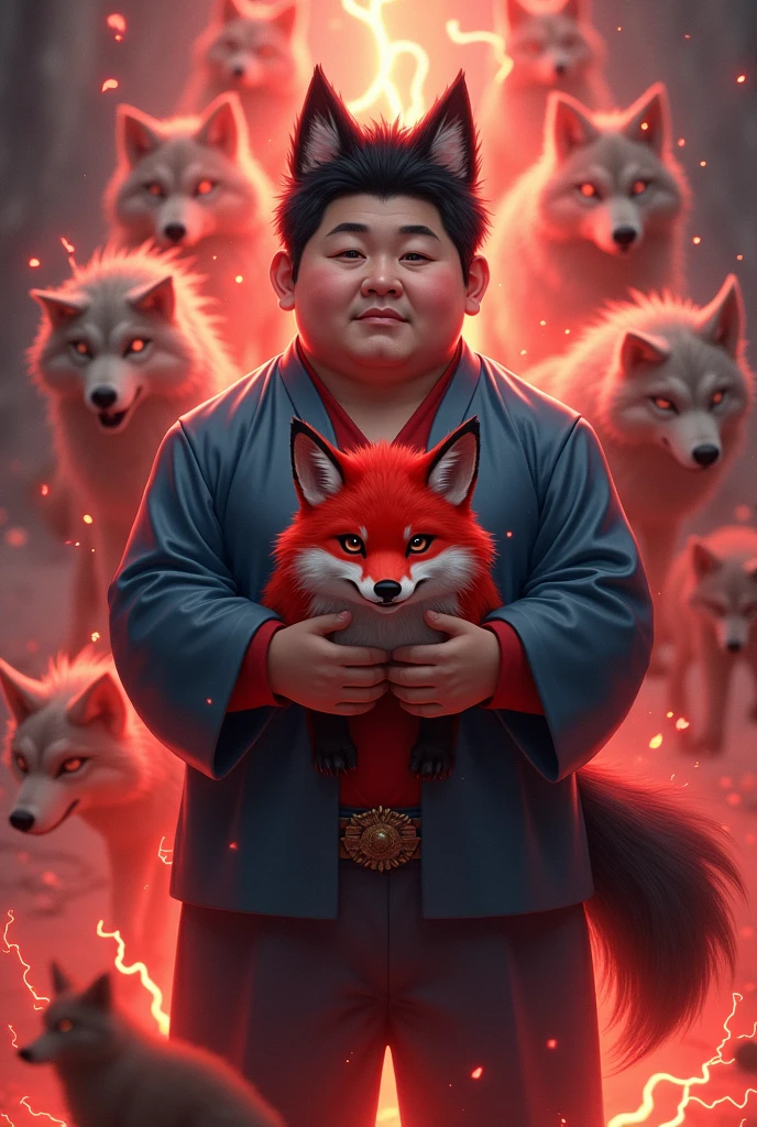 asian men,Round face,chubby,black hair,short hair,With wolf ears.,Blue Chinese shirt,Red inner shirt,With a wolf tail.,straight face,Holding a red fox,electricity,Red Light,ข้างหลังมีหมาป่าelectricityสีแดง,