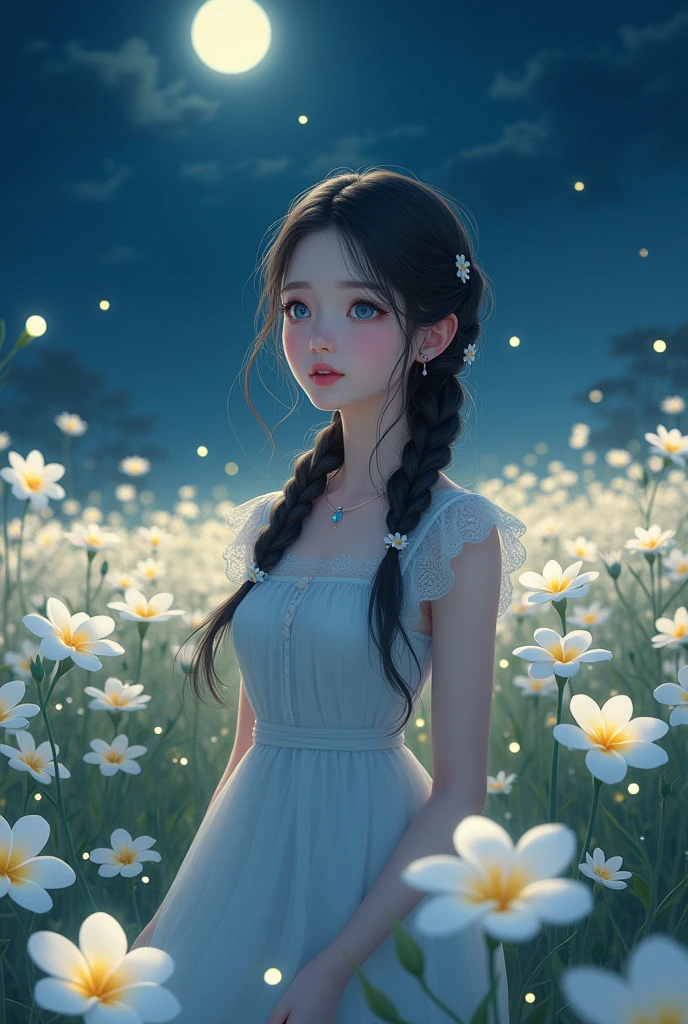 in the middle of a white plumeria field at night time is a woman wearing a summer dress, fireflies,Masterpiece, High Resolution, Accurate, French Braid, Hair Rings, Smile, Blue eyes, Parted Lips, Light Smile, Tearing up, donghua