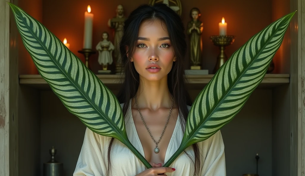 ultra realistic lady healer with two long spear-shaped plants, crossing like an x in front of your chest. The plant is green with medium green and dark green stripes throughout.. In the background, a house with a shelf with saints and lit candles.. convey depth.