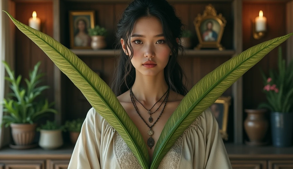 ultra realistic lady healer with two long spear-shaped plants, crossing like an x in front of your chest. The plant is green with medium green and dark green stripes throughout.. In the background, a house with a shelf with saints and lit candles.. convey depth.