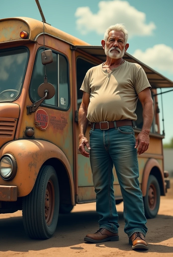 A well built body old man with beside food truck
