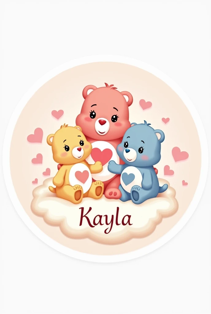 round sticker design with Care Bears theme in light colors with the name Kayla  in a delicate font 
