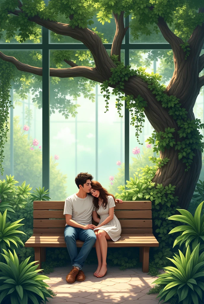 I need indoor garden covered by glass and i need that indoor garden including nice shadow tree and a bench under that tree also cute couple on that bench and that boy napping on girlfriend’s lap