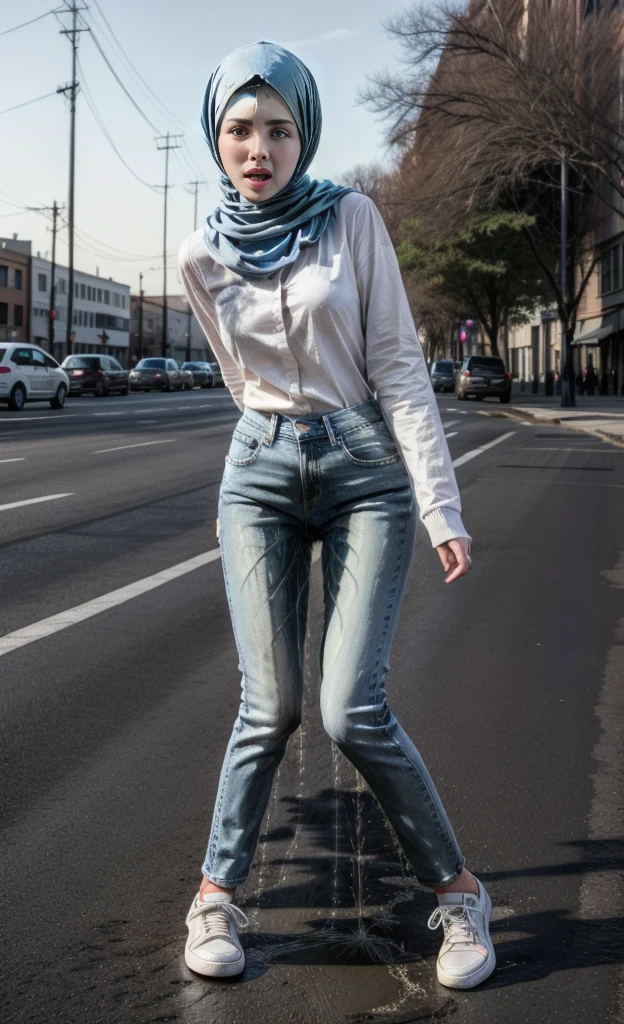 RAW photo, photo realistic:1.2, ultra high resolution, highly detailed face, highly detailed eyes, perfect anatomy, super detailed skin, not safe for work, UHD, (peeing self:1.8), (pee stain:1.2),
(dynamic angle, standing pose:1.2), outdoors, (have to pee), downtown, (legs focus, full body:1.3), (beautiful face, beautiful eyes, beautiful legs),
1girl, 20 year old, arab, black hair, forehead, blue eyes, blush, worried, open mouth, large breast, hard nipples, cleavage, (white button shirt), long sleeves, (hands between legs:1.2), skinny, skinny waist and thick hips, (skinny jeans pants, blue jeans, tight blue jeans), tight pants, (knees together feet apart: 1.2), (white sneakers), (hijab)