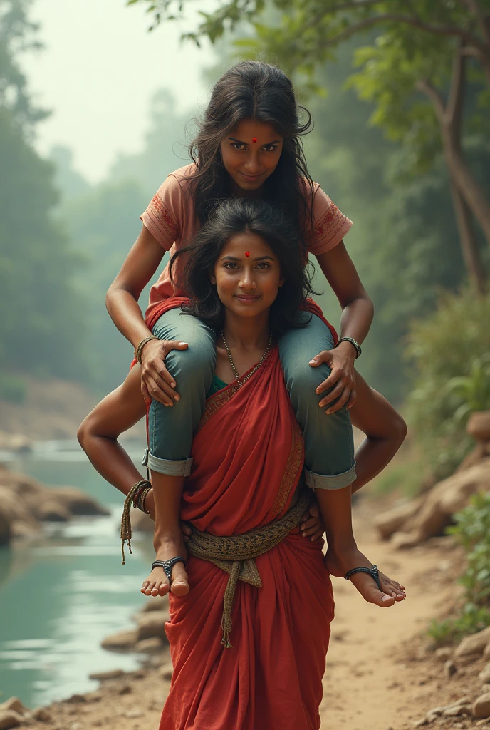 Gorgeous, Sexy indian village ragpicker young woman us carrying a large man on her head, man is sitting on her shoulders, nearby a river , natural smile 
