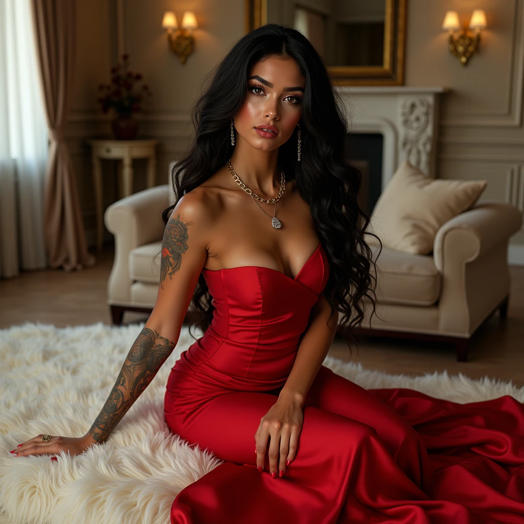 a natural white female, with long wavy black hair, lashes, plump lips, diamond chain, tattoos, flawless eyebrows, wearing a red strapless dress, sitting down on a white fur carpet, inside a luxury fancy livingroom, 24K HD