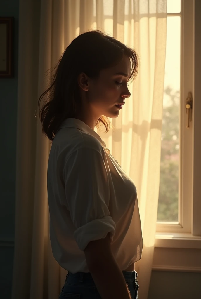 She is standing in a softly lit room, Next to a large window, turning your head slightly to the side, with a deeply hurt and betrayed expression on his face. Your eyes are squeezing with tears , and her room is bright and she is breaking down crying