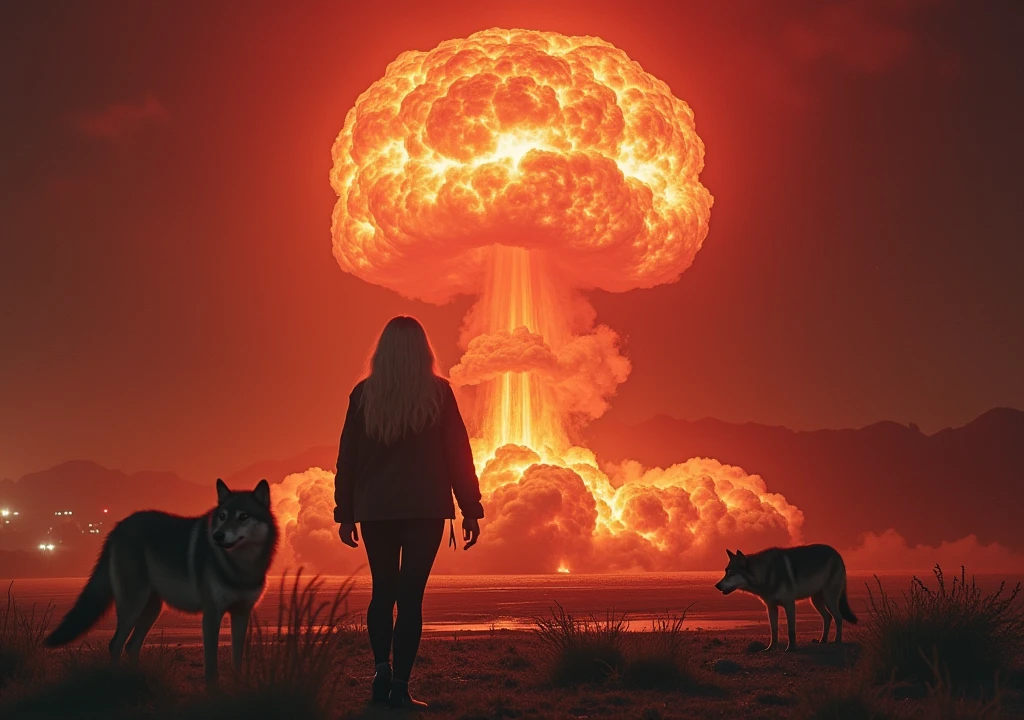 a woman with white hair activating an atomic bomb with red weather in a house with pictures of wolves and a strong hunter man