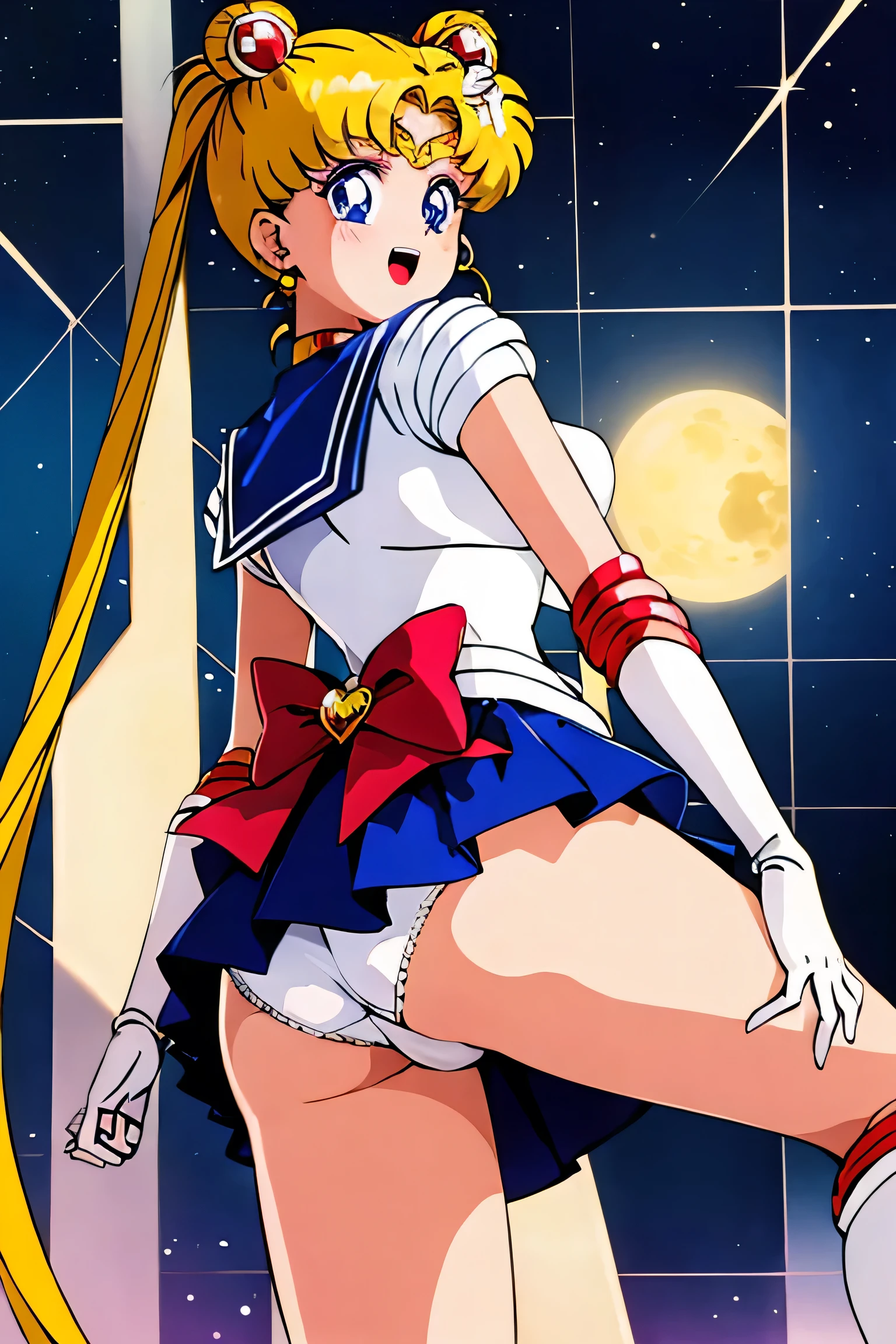 8k,(masterpiece:1.3),(highest quality:1.4),(Very detailed:1.5),High resolution, upskirt, white panties, sexy panties, ass focus, ass, from behind, looking at the viewer, Very delicate and beautiful,Official Art,Perfect Anatomy,((alone:1.52)),1990s \(style\),Anime screenshots,retro artstyle,Anime Coloring,((Tsukino Usagi:1.37)),Sailor Moon!!!!!!!!,Sailor Moon Style,by Sailor Moon,Sailor Warrior Uniforms,Double good,Twin tails,Parted bangs,Circlet,jewelry,Earrings,choker,Red Bow,White gloves,Elbow hand pockets,Blue Skirt,Open Mouth Smile,Night Park,Finding,