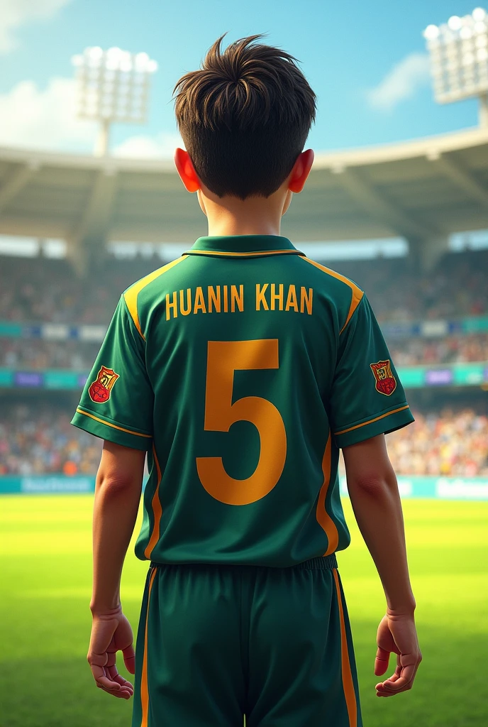 A boy wear Jersey name huanin khan and number 5 in back for cricket

