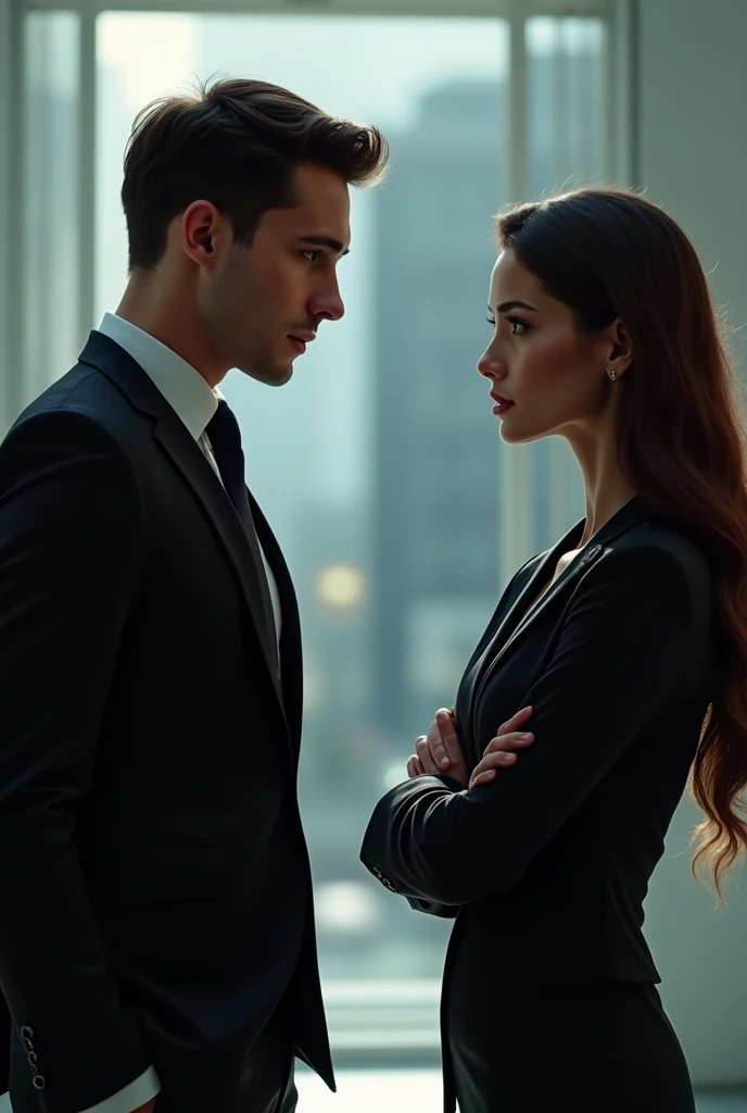 A tall , very handsome, young ceo man and a beautiful,pretty lawyer girl with a long hair staring at each other rudely with a distance between them, the girl is folding her hands