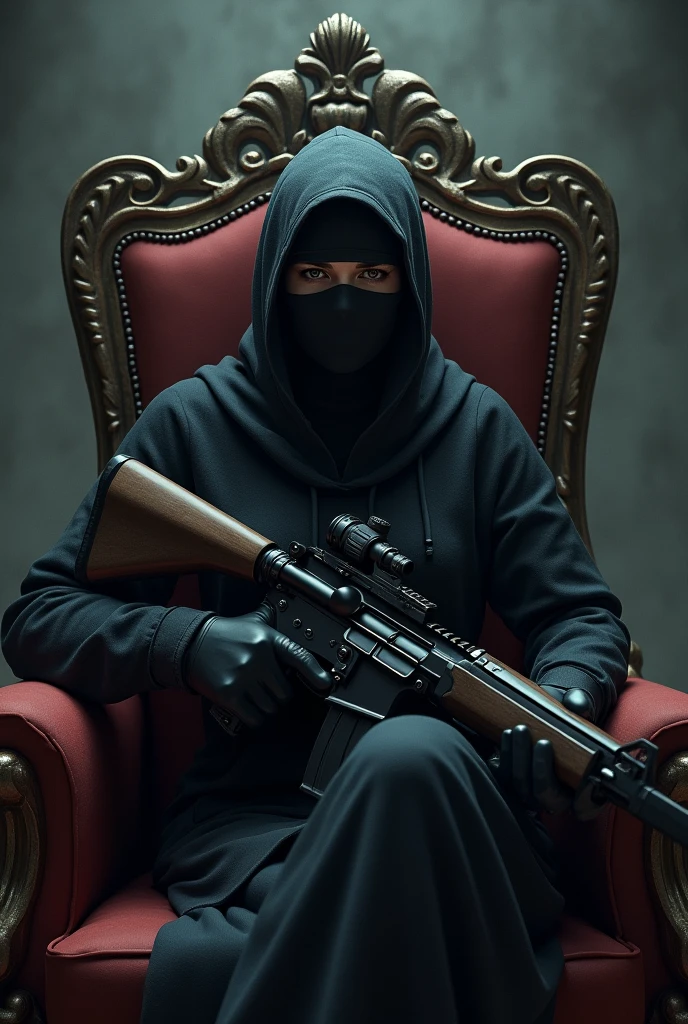 Woman in balaclava and rifle on throne animation
